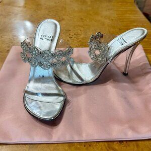 NEW Stuart Weitzman $450 Silver Sandal Slip on Heels w Rhinestones sz 6